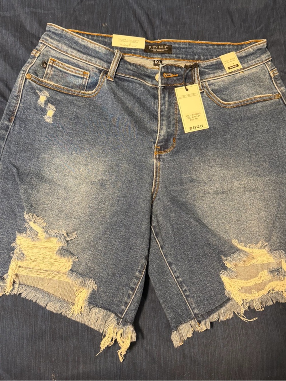 Judy Blue Frayed Hem Distressed Denim Bermuda Shorts - Blue